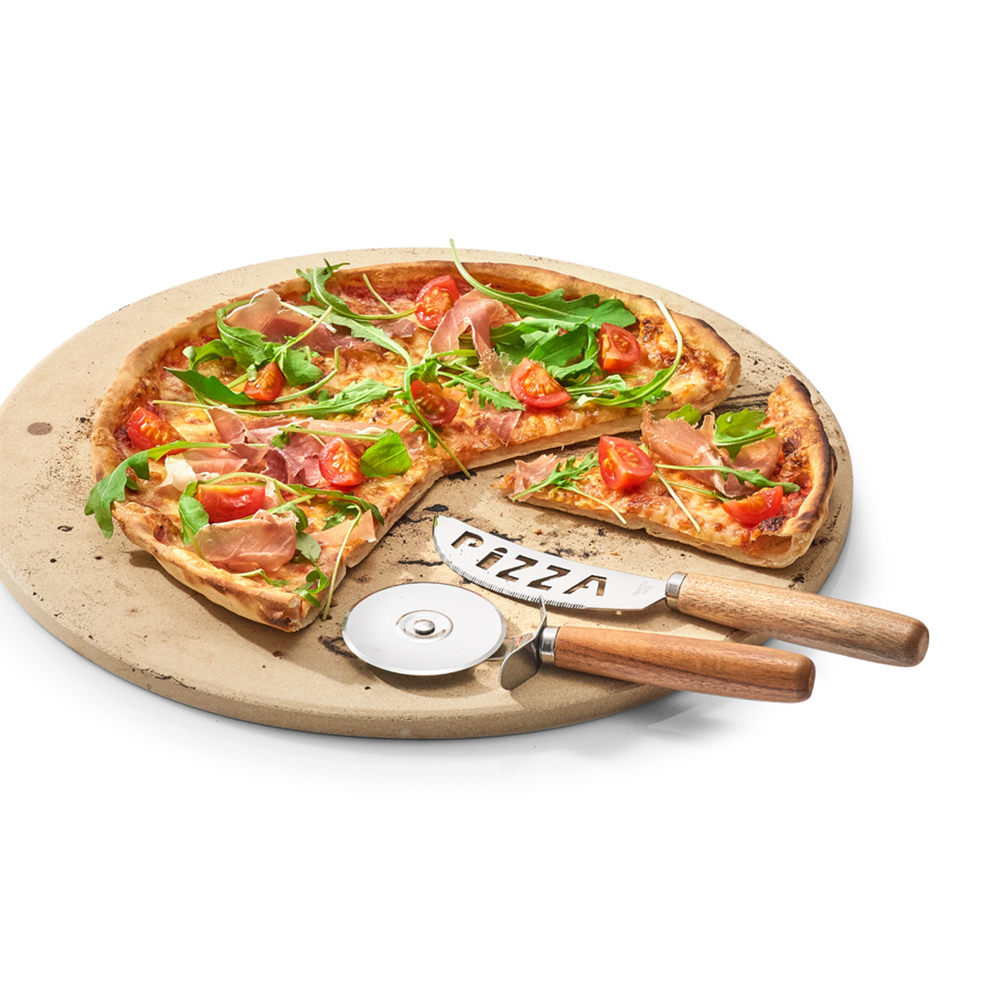 Pizza-Schneide-Set, Edelstahl 430; Edelstahl 420; Akazienholz, Farbe: silber. Servieren Sie Ihre Pizza stilvoll mit dem zweiteiligen