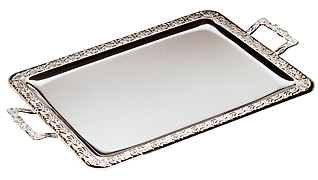 Tablett -SCHÖNER ESSEN- 60 x 36 cm 18/0 Edelstahl, mit Dekorrand Griffe Zinkdruckguss verchromt Griffe fest genietet
