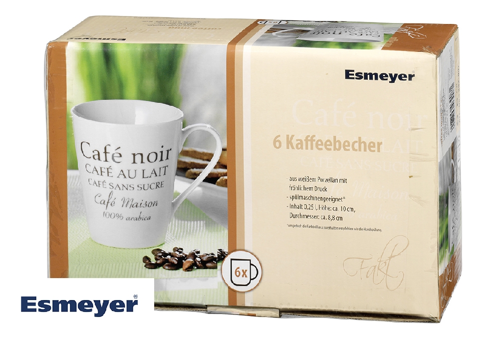 Kaffeebecher "FAKT", Inhalt: 0,25 ltr., dünnwandiger, feiner Henkelbecher aus weißem Porzellan, mit Druck "Café noir"