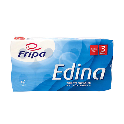 8 Rollen Toilettenpapier, 3-lagiges Tissue Ø 12 cm · 11 cm x 9,5 cm hochweiss "Edina" 250 Blatt von Fripa