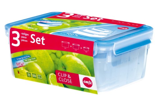 Emsa CLIP & CLOSE Frischhaltedosen-Set 3-teilig aus Kunststoff (1,00 + 2,20 + 3,70 Liter) blau - 100 % dicht - Made in Germany