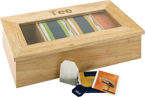 Teebox 33,5 x 20 cm, H: 9 cm Holz, natur Holzbox mit Sichtfenster mit Aufschritt -Tee- 4 Kammern können mit je 30