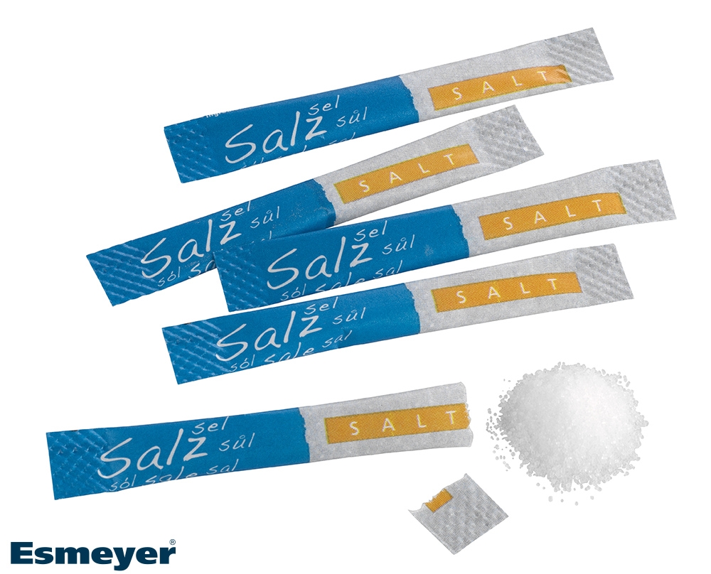 Salz in hygienischer Portionspackung, 750 Sticks. Ca. 1 g Salz pro Stick. Sehr lange haltbar.