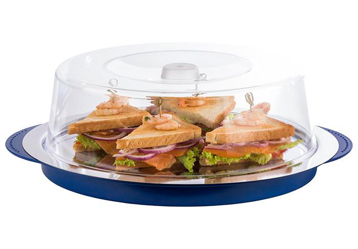 Buffet Kühlplatte COOL in rund, mit Abdeckaube in transparent und Trägerschale in blau. Durchmesser: 350 mm, Höhe: 150 mm