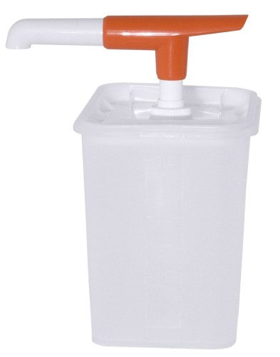 Dispenser Behälter aus weißem Polyethylen, mit dichtschließendem Steckdeckel, mit auswechselbarem robustem Pumpenaufsatz, es