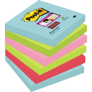 Post-it® Haftnotiz Super Sticky Notes Miami Collection 76 x 76 mm (B x H) 2 x türkis, 2 x neongrün, 1 x neonpink, 1 x mohnrot 90 Bl./Block