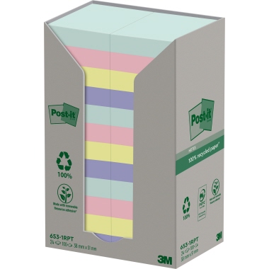 Post-it Haftnotiz Recycling Notes Tower Pastell Rainbow 51 x 38 mm (B x H) 6 x mint, 6 x flamingopink, 6 x gelb, 6 x hellblau 100