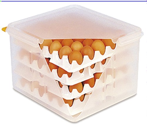 Eierbox : Lieferung mit 8 Trägern 29x29 cm, nutzbar sind 3-4 Ebenen à 30 Eier im Behälter aus Polyethylen, zur HACCP-gerechten Aufbewahrung