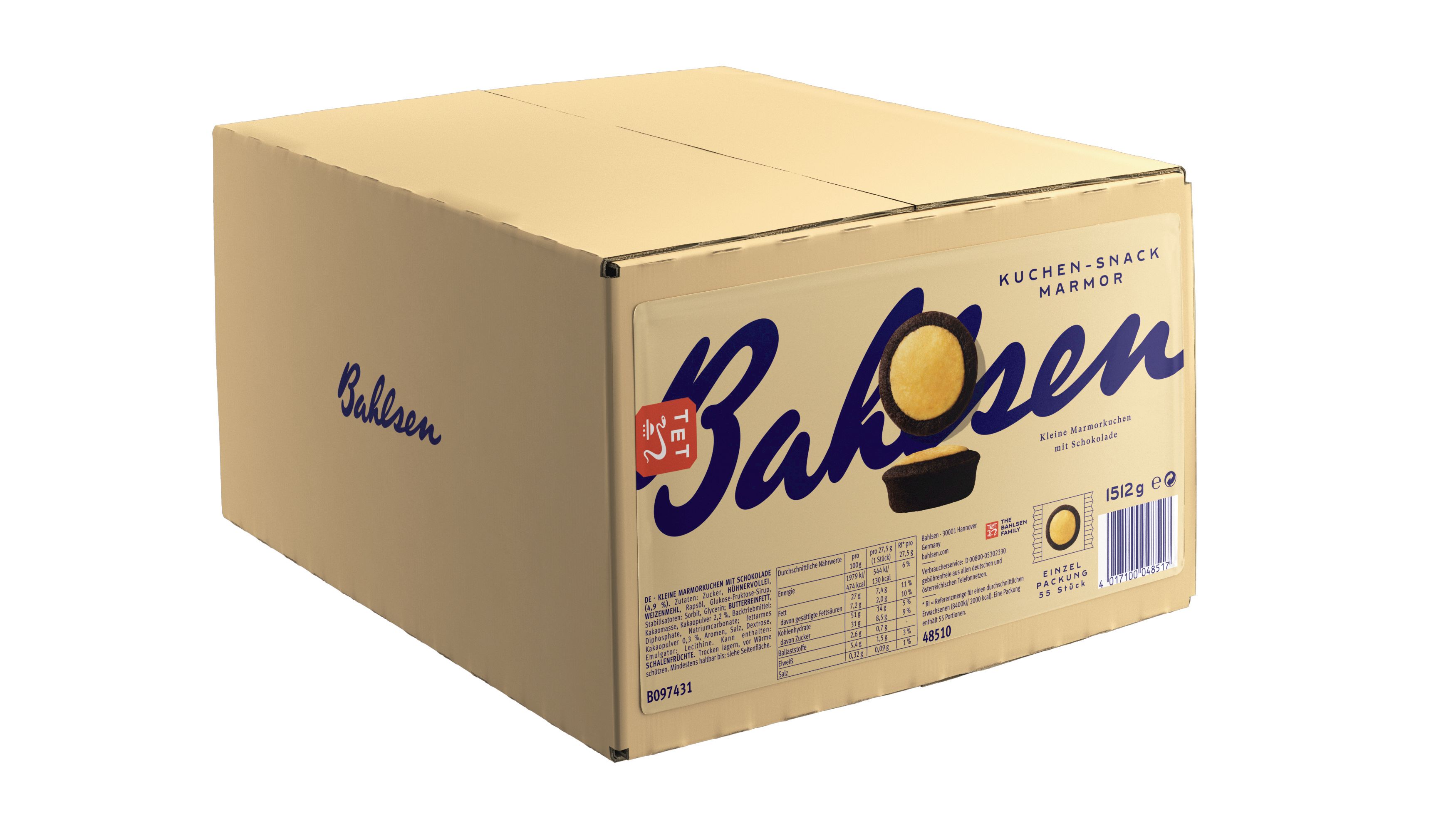 Bahlsen Kuchen Snack Marmor, Inhalt: 55 Stück à 27,5 g  je Karton.