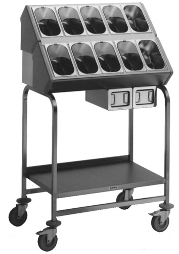 BLANCO Besteck- und Tablettwagen aus rostfreiem Edelstahl mit Kunststoffrollen, 4 Lenkrollen Ø 125 mm, davon 2 mit Feststeller, inkl. 10