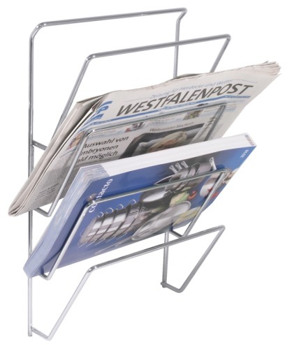 Zeitungsablage zur Wandmontage, aus 6 mm starkem verchromtem Stahldraht, mit vier Ablagen für Illustrierte, Zeitschriften oder Zeitungen,