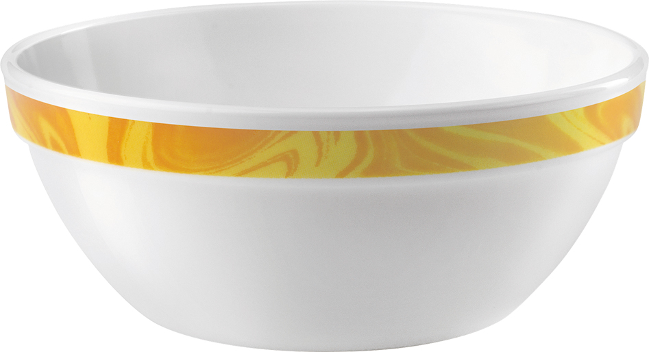 Stapelschale NATURA mit gelbem Muster. Durchmesser 12 cm mit ca. 0,3 Liter aus Opalglas. Von Bormioli Rocco.