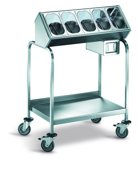 BLANCO Besteck- und Tablettwagen aus rostfreiem Edelstahl mit Kunststoffrollen, 4 Lenkrollen Ø 125 mm, davon 2 mit Feststeller, inkl. 5