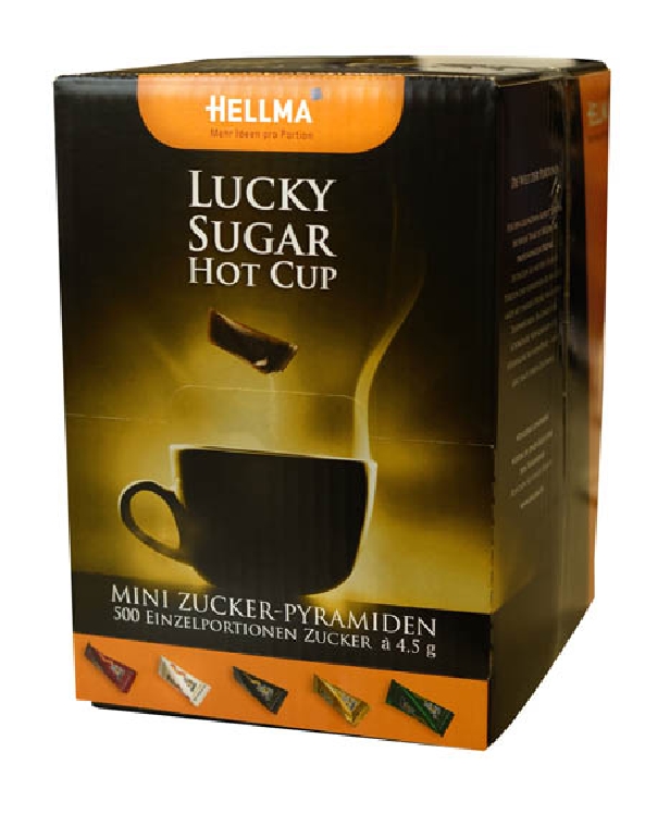 LUCKY SUGAR HOT CUP von Hellma, Inhalt: 500 Stück à 4,5 g je Thekendisplay, Zucker-Portionspackungen mit verschiedenen Motiven