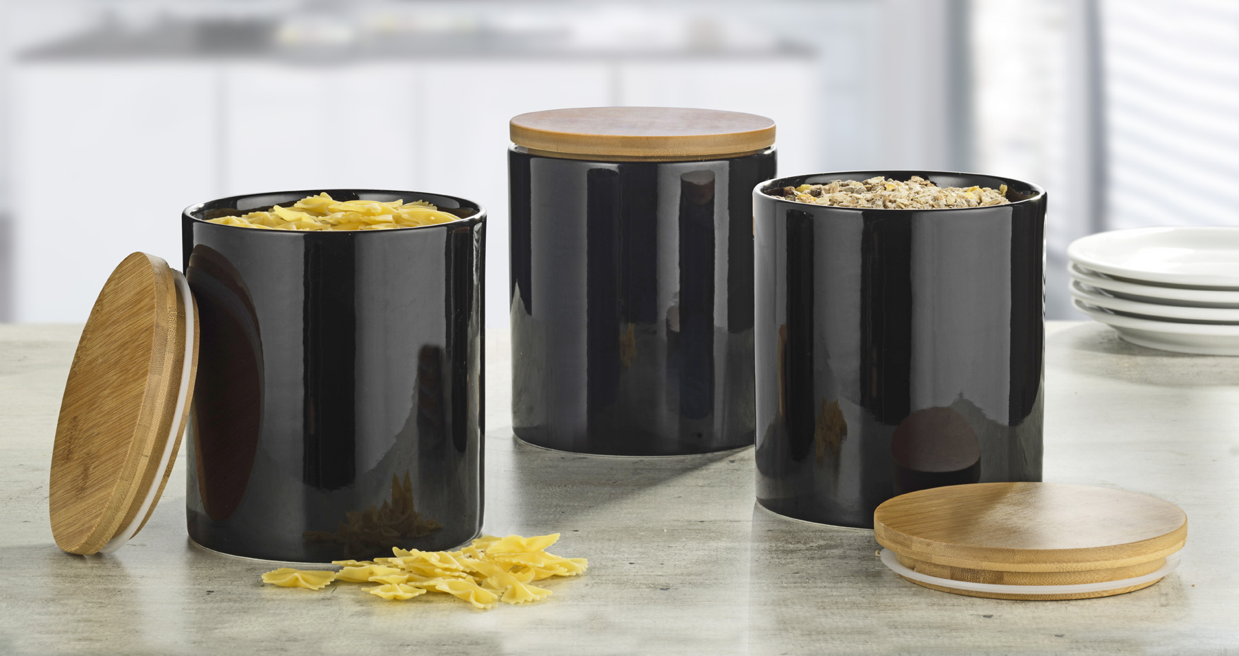 3-teiliges Vorratsdosen-Set GRENOBLE, groß, Farbe: schwarz, Durchm. x Höhe: ca. 14 x 16 cm, Porzellan mit Bambusdeckel inkl. Silikondichtung.