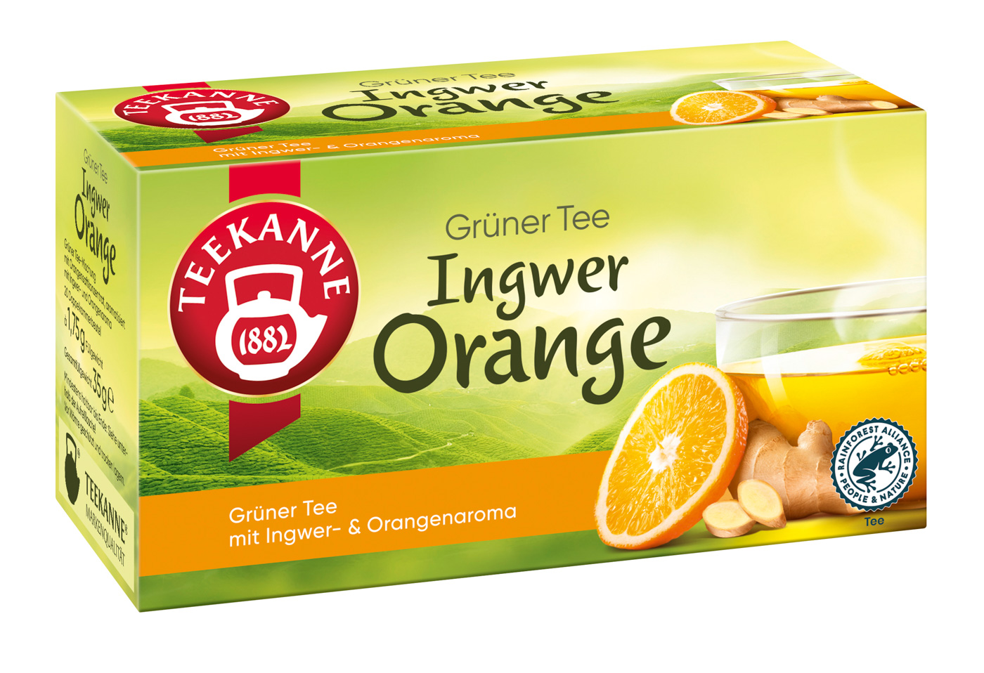 Grüner Tee Ingwer-Orange von Teekanne. Inhalt: 20 Teebeutel à 1,8 g, einzeln kuvertiert, Grüner Tee, fruchtig und würzig.