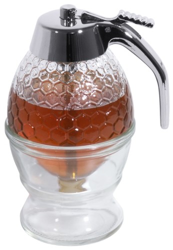 Honigspender aus Pressglas mit verchromter Kappe, mit Abstellgefäß Volumen: 0,2 l, Durchmesser maximal: 8,5 cm, Gesamthöhe: 15 cm