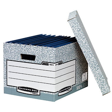 Bankers Box® Archivbox System 33,3 x 28,5 x 39 cm (B x H x T) DIN A4/DIN A4+ mit Archivdruck Karton, 100  recycelt grau/weiß