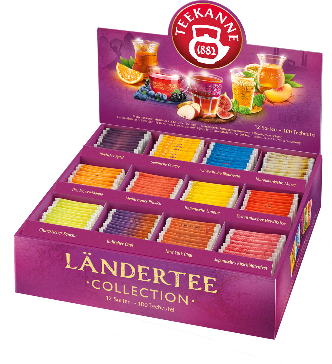 Teekanne LÄNDERTEE BOX, 12 beliebte Sorten à 15 Stück, Maße: 6,5x27,5x27,5 cm, im dekorativen Aufsteller.