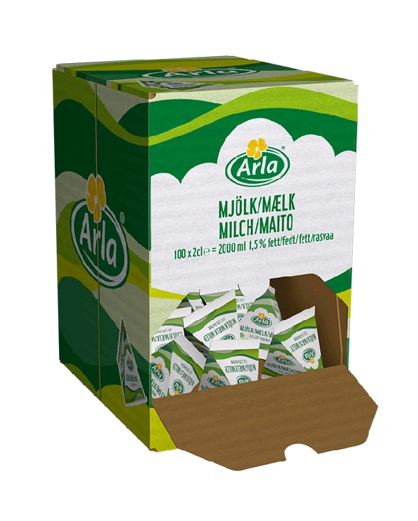 Arla H-Milch mit 1,5% Fett, Inhalt: 100 Stück à 20 ml im Dispenserkarton.