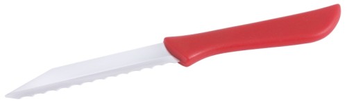 Küchenmesser,  gezahnt aus Edelstahl 18/0, starker Wellenschliff, mit rotem Plastikgriff, leichte, stabile Qualität