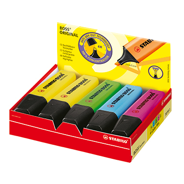 STABILO® Textmarker BOSS® ORIGINAL 2-5mm 4 x gelb, 2 x grün, 2 x pink, 2 x blau 10 St./Pack.