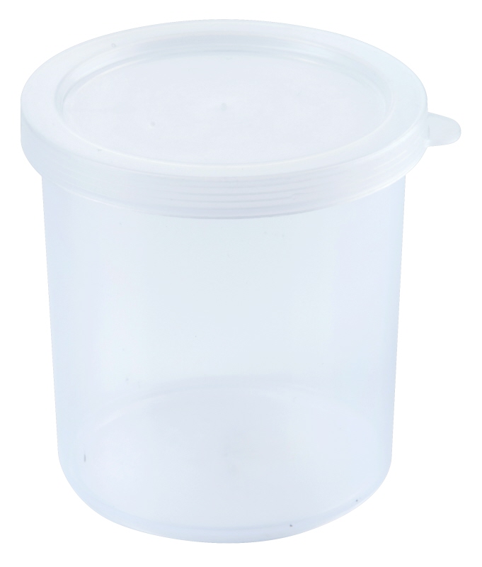 Rückstellprobendose mit Klemmdeckel, Inhalt: 0,25 Liter, Durchmesser: 7 cm, Höhe: 8 cm, Aus transparentem Polypropylen mit Klemmdeckel.