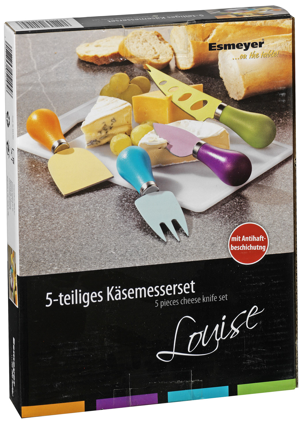 5-teiliges Käsemesser Set LOUISE aus Edelstahl 18/0 mit bunter Antihaft- Beschichtung, Griffe aus farbigem Kunststoff,