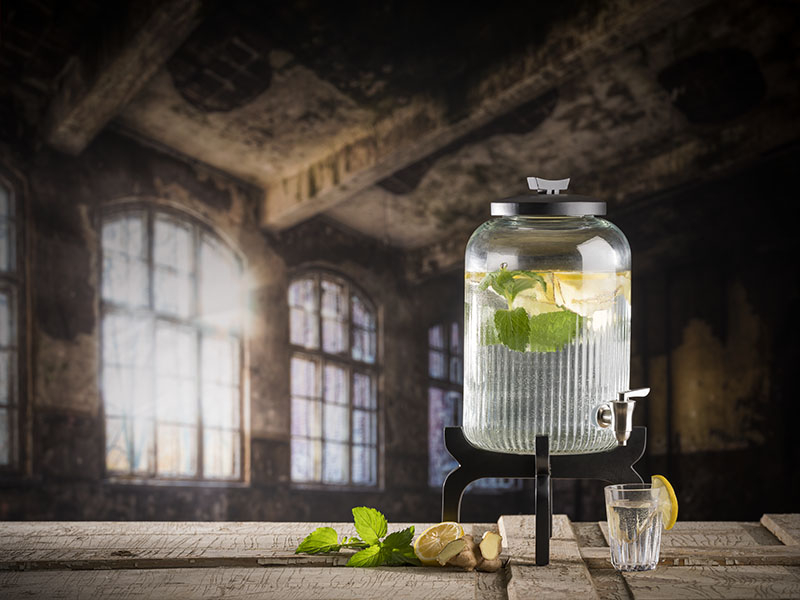 Getränkespender -ASIA- Ø 24,5 cm, H: 45,5 cm, 7 Liter Behälter aus Glas Zapfhahn aus Edelstahl Basis und Deckel aus