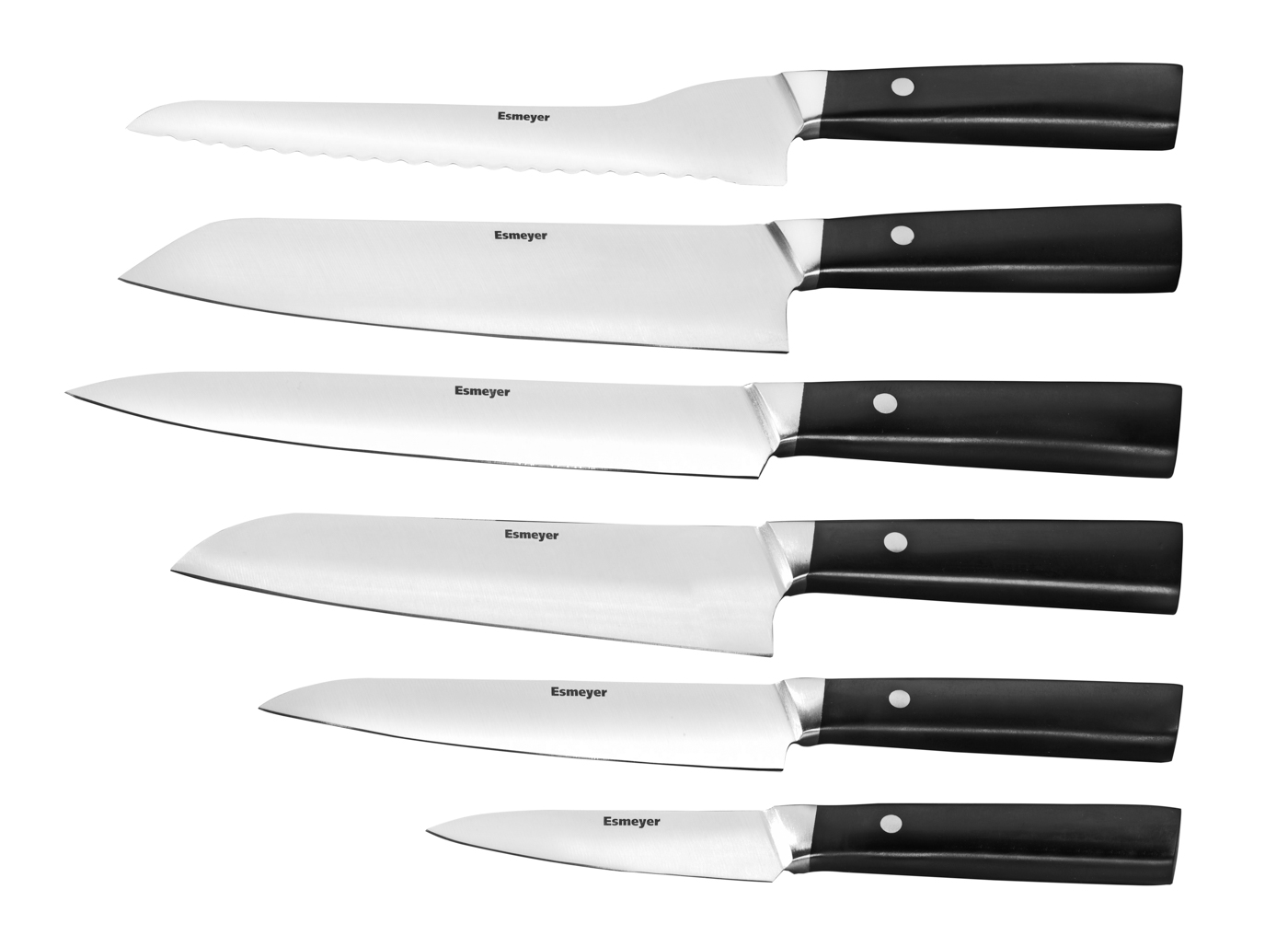 6-teiliges Messerset HAUMEA aus Edelstahl. Hochwertige geschmiedte Messer mit glänzenden, genieteten Griffen aus ABS-Kunststoff.
